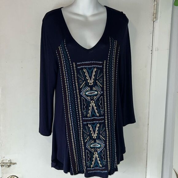 CAITE Navy Blue Lightweight 3/4 Sleeve Embroidered V Neck Tunic Top-S - Picture 1 of 9